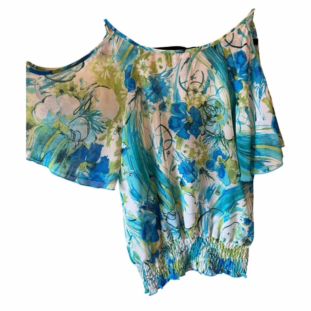 Y2K Wet Seal Boho Chic: Sheer Floral Cold-Shoulder Blouse, Smocked Waist, Small - Picture 8 of 8